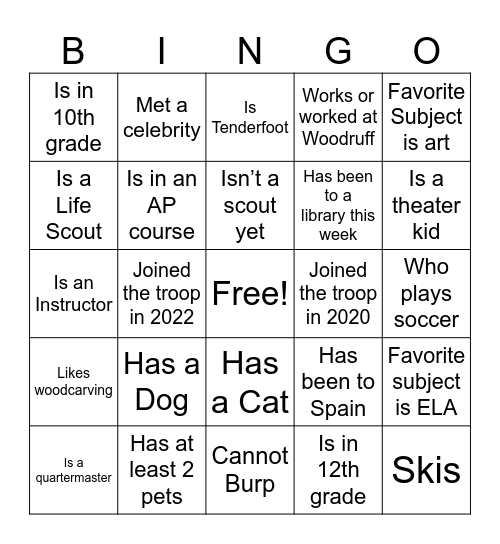 Find A Scout who(se)… Bingo Card