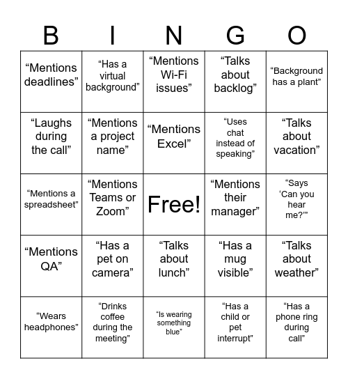 Contracts and Maintenance Team Meeting Bingo Card