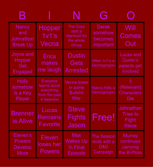 Stranger Things S5 Predictions Bingo Card