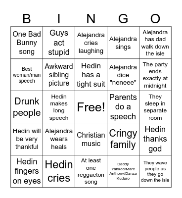 Hedin and Alejandra's wedding Bingo Card