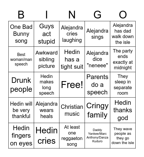 Hedin and Alejandra's wedding Bingo Card
