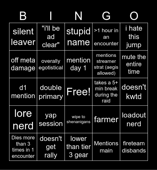 Destiny 2 Lfg Bingo Card