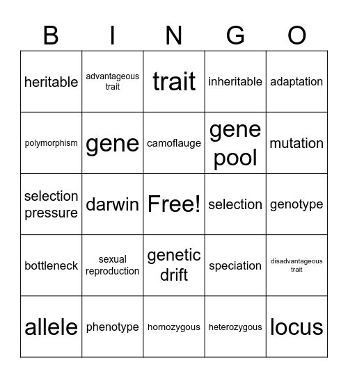 natural selection Bingo Card