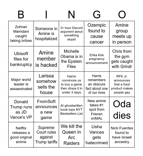 2026 Amine Bingo Board Bingo Card