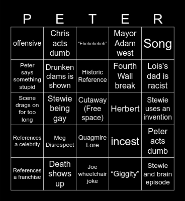 Family guy Bingo Card