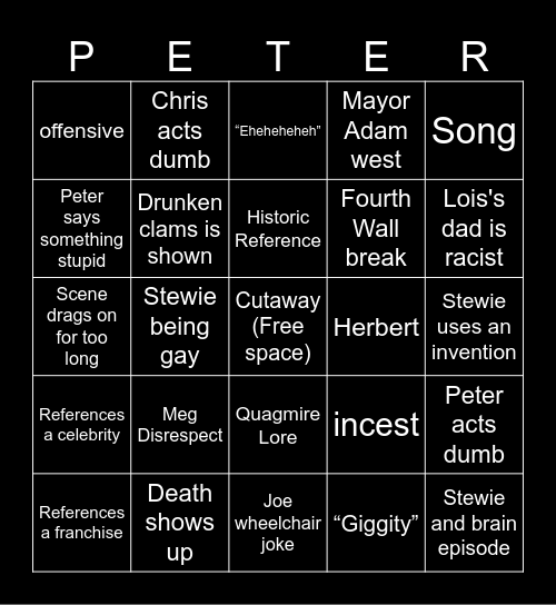 Family guy Bingo Card