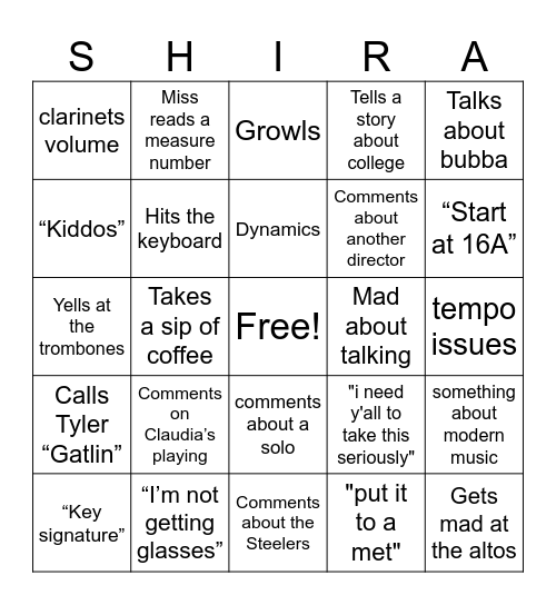 Mr Shira Bingo Card