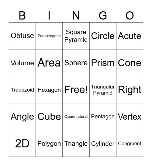 Geometry Bingo Card