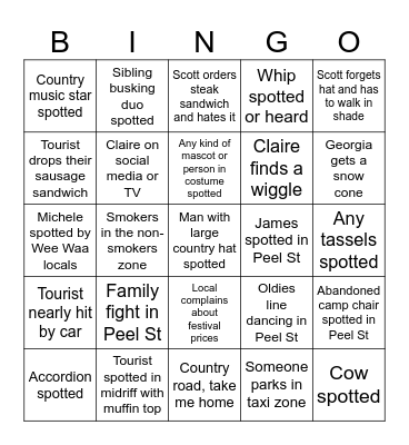 Tamworth Country Music Festival Bingo Card