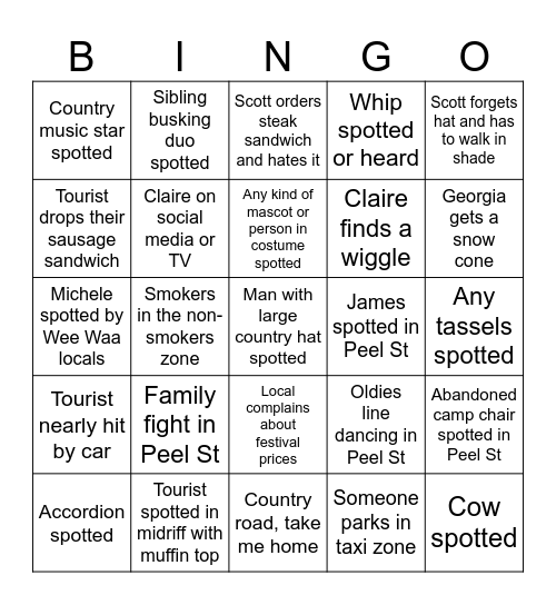 Tamworth Country Music Festival Bingo Card