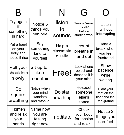 Mindfulness BINGO Card