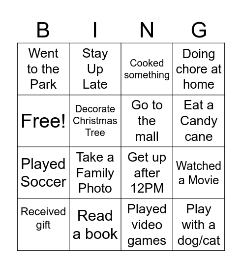 Winter Break Bingo Card Bingo Card