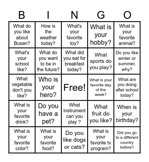 ESL Conversation Bingo Card