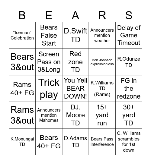 BEARS Bingo Card