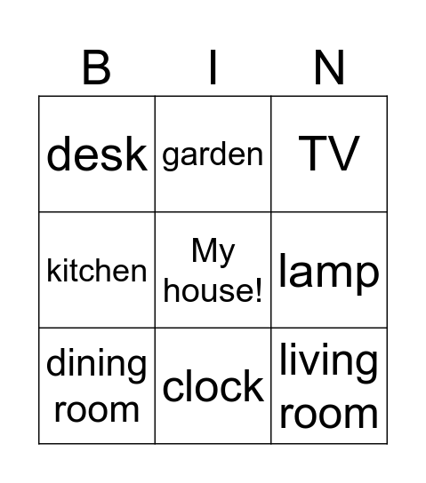 In my house Bingo Card