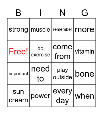 Unit 7 body power vocabulary Bingo Card