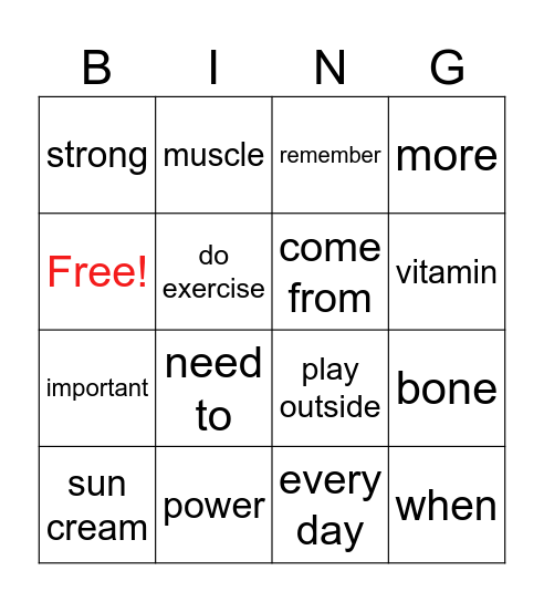 Unit 7 body power vocabulary Bingo Card