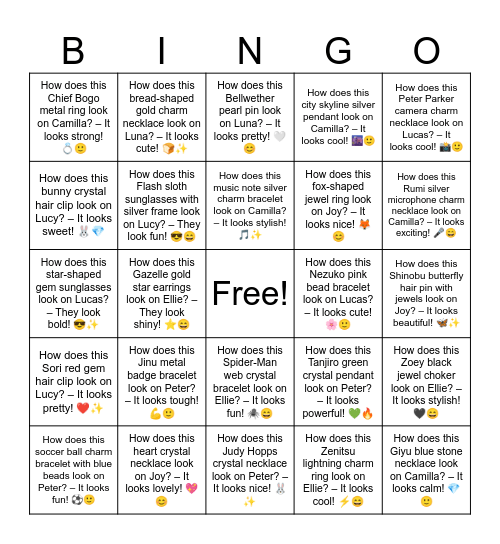 B19 L11How does this bunny crystal hair clip look on Lucy? – It looks sweet! 🐰💎 Bingo Card