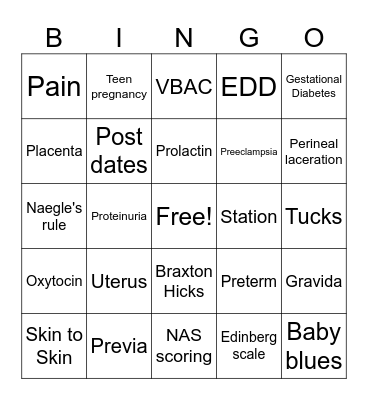 Maternity BINGO Card