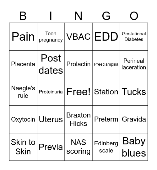 Maternity BINGO Card