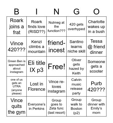 Freshman Spring Bingo Card
