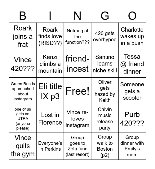 Freshman Spring Bingo Card