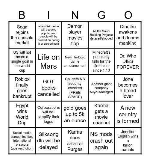 Karma 2026 Predictions Bingo Card