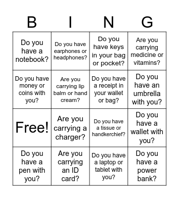 Personal Belonging Bingo Card