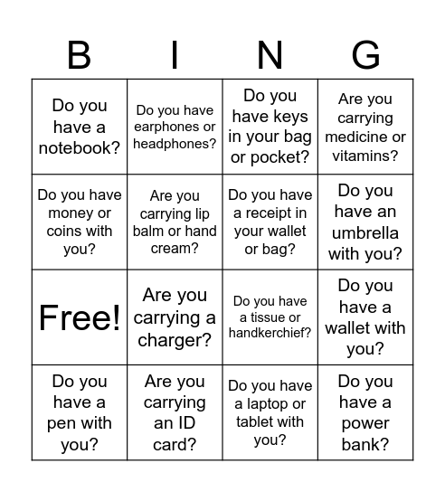 Personal Belonging Bingo Card