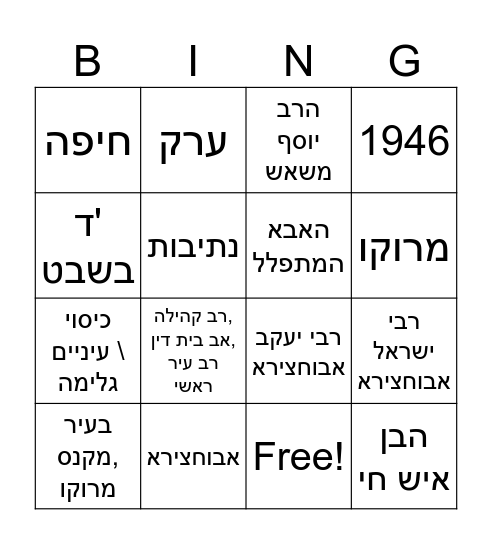 ערב הורים ובנים Bingo Card
