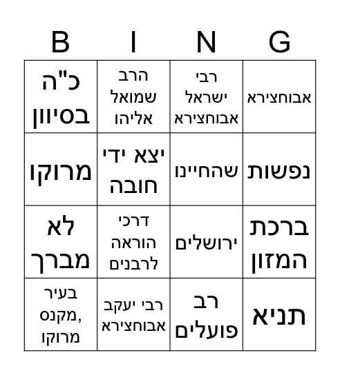 ערב הורים ובנים Bingo Card