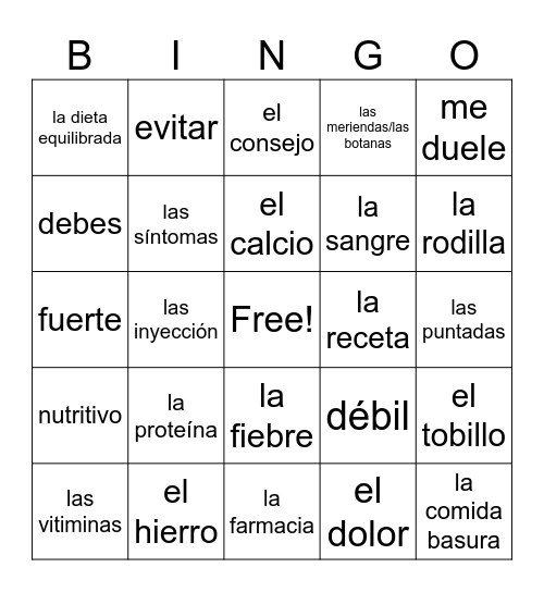 Unidad 3: en el consultorio Bingo Card