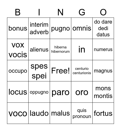 Latin Bingo Card