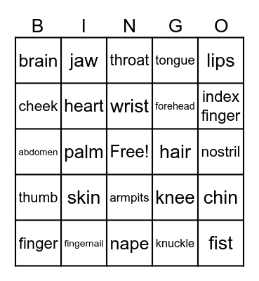 Body Parts Bingo Card