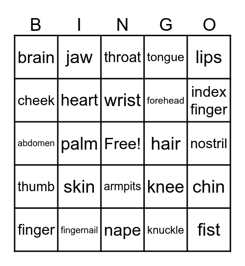 Body Parts Bingo Card