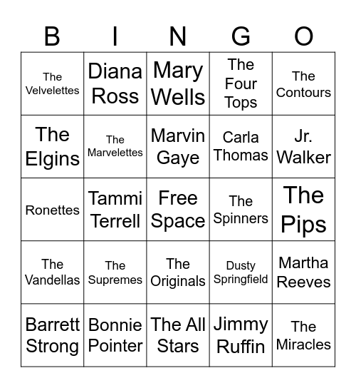 Motown Bingo - Artists Bingo Card