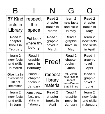 5th Grade 2026 Library Goals- Ms. Johnson Bingo Card