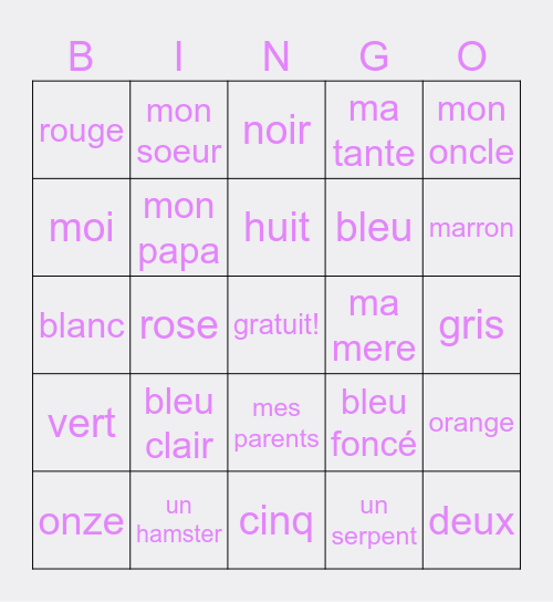 Brylee a colors Bingo Card