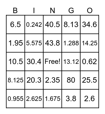 Decimal Division Bingo Card
