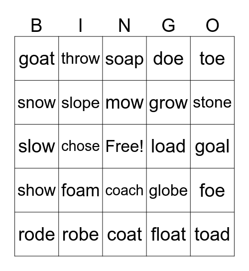 Long O Vowel Teams Bingo Card