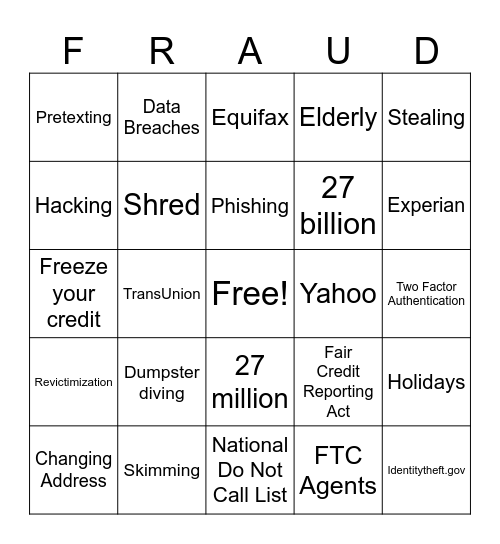 Identity Theft Bingo Card