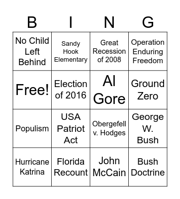 U. S. History CR Unit 6 Bingo Card