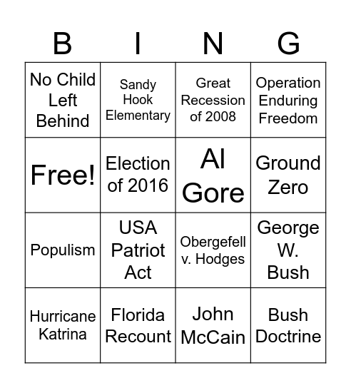 U. S. History CR Unit 6 Bingo Card