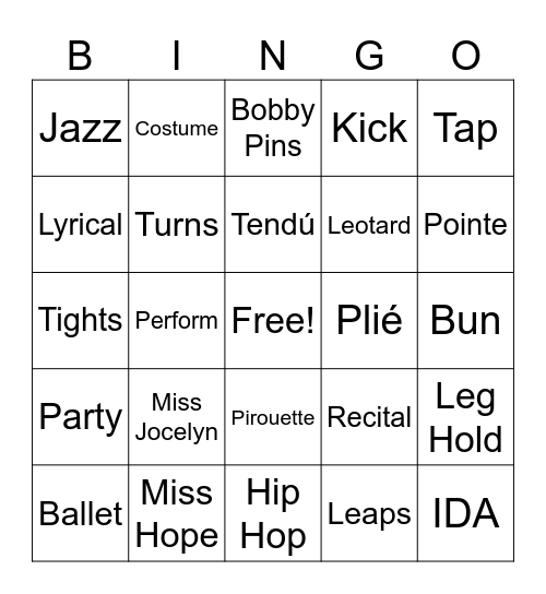 Dance Bingo Card