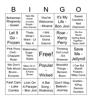 Sing Along Favorites Bingo Card