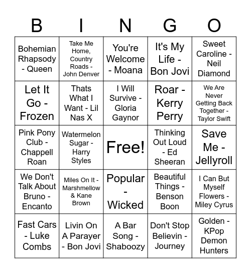 Sing Along Favorites Bingo Card