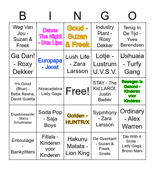 Muziek Bingo Card