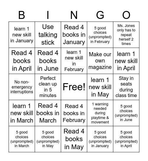 1st Grade 2026 Library Goals- Ms. Williams Bingo Card
