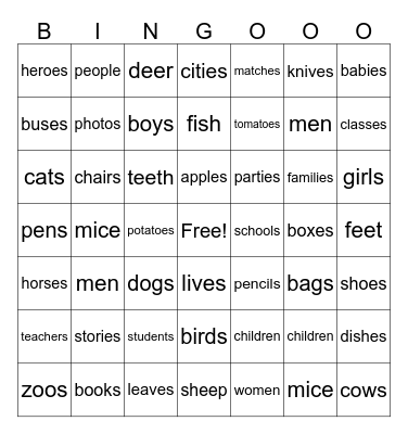 PLURALS Bingo Card