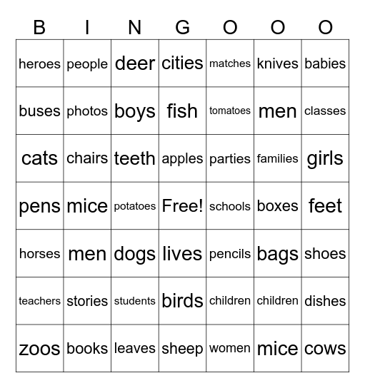 PLURALS Bingo Card